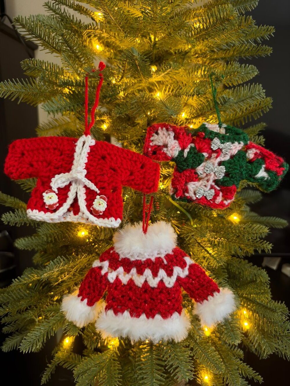 Handmade Crochet Ugly Christmas Sweaters Hanging Red Green Ornaments Set of 3